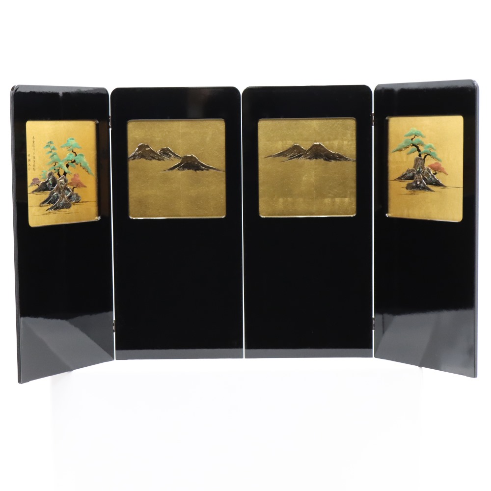 アウトレット品 屏風単品 二曲一双屏風 25号 ブラック 盛上山水 レトロ アートスタンド 幅36cm (26a-ya-0996) インテリア ディスプレイ 見切処分品