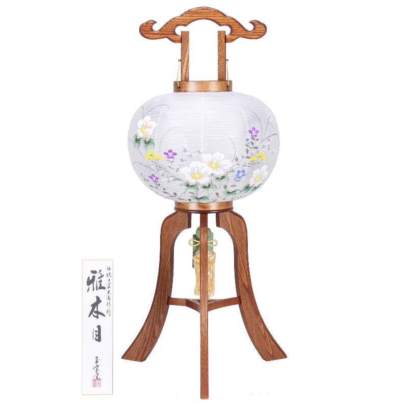 盆提灯 八女提灯 置き提灯 行灯 雅木目絹二重絵入 大11号 高さ85cm 電気コード式 初盆 お盆 法事 法要