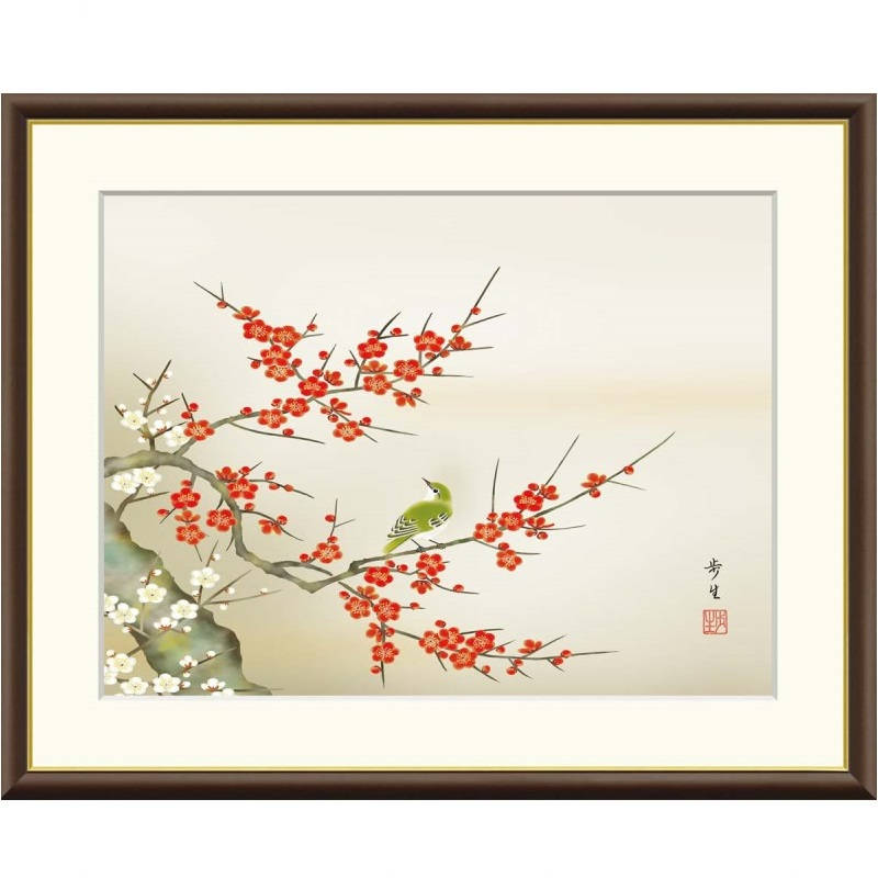 額絵 北山歩生 紅白梅に鶯 f8・f6・f4サイズ 現代日本画シリーズ 花鳥画 春飾り gk-a5-j4b018（p151） （J4-B018） （代引き不可） 日本画 インテリア 5,920円