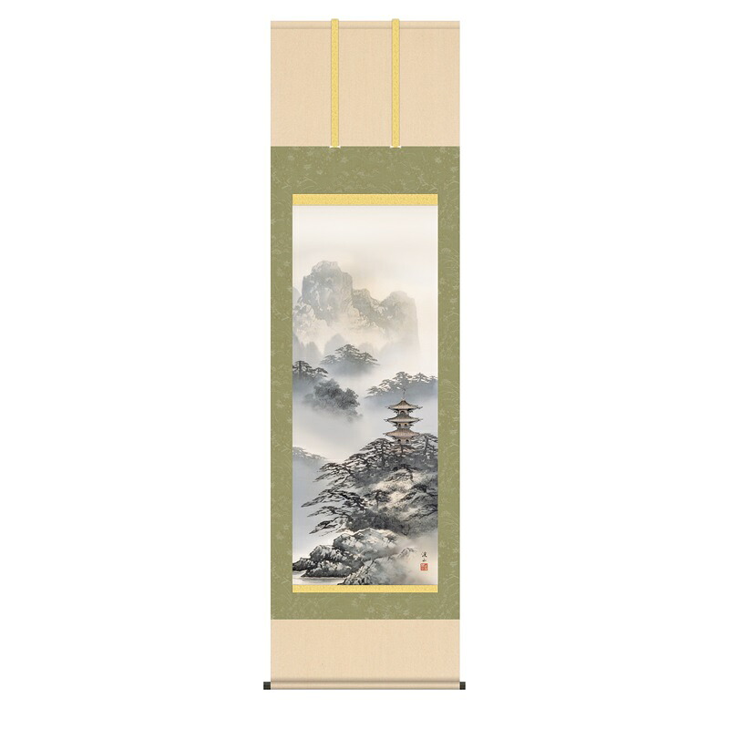 掛軸 年中飾り山水画 水墨山水 紫山塔景 尺五 伊藤渓山 [KZ2B7-001](代引き不可)
