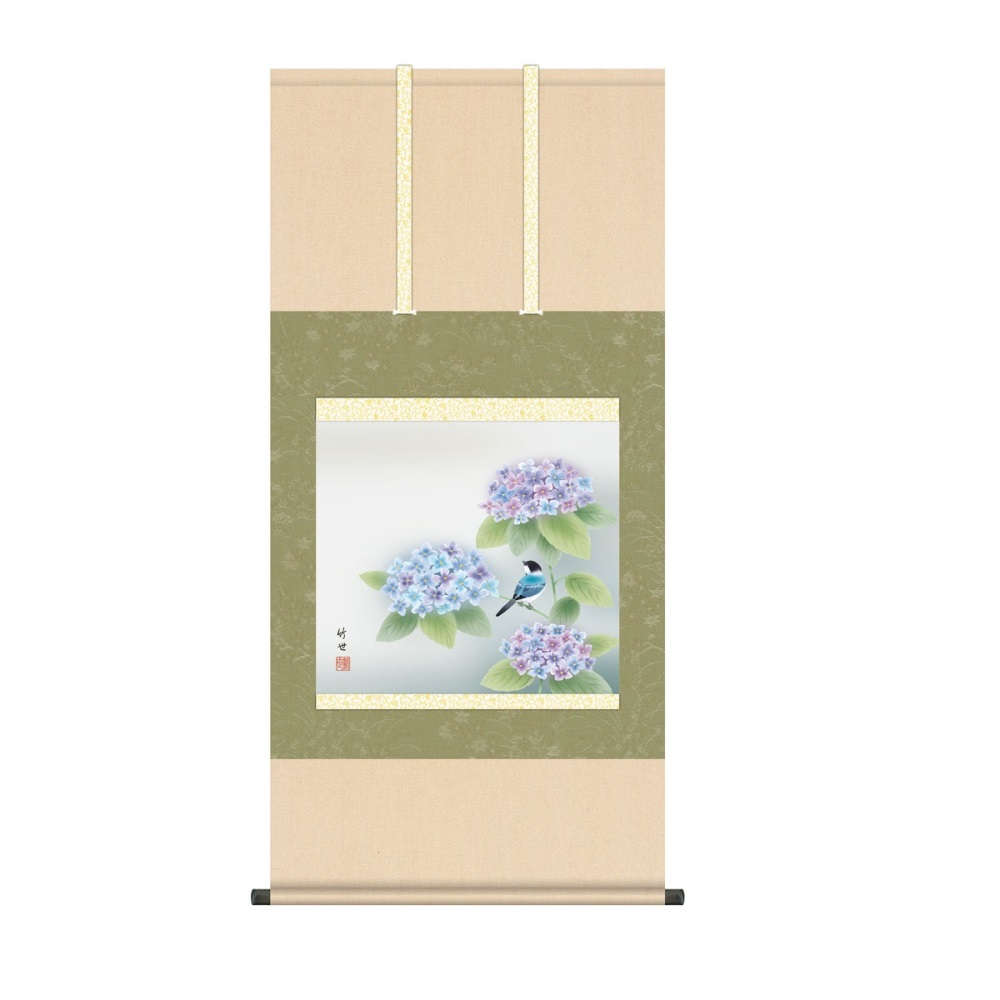 掛軸 花鳥画 夏飾り 紫陽花 (KZ5A7-193) 尺五 田村竹世 桐箱畳紙収納 (代引不可)｜社人形会館店
