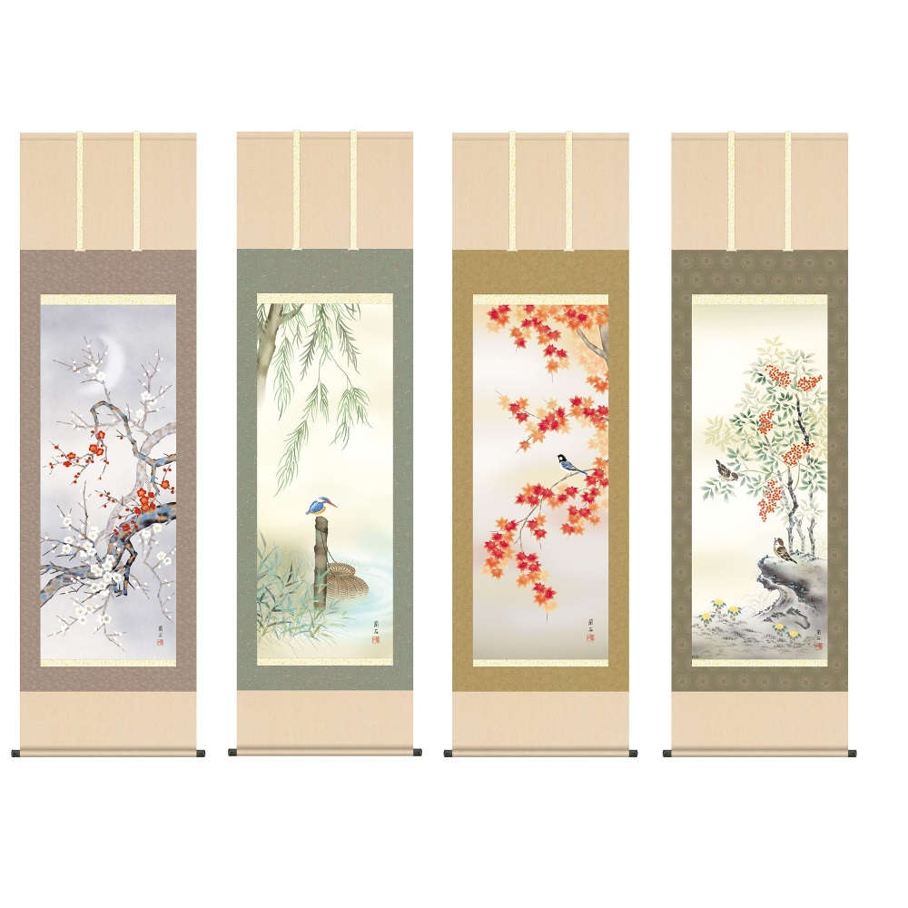 掛軸 花鳥画 四季花鳥揃 四季奏歓 (KZ5A6-40set) 尺五 高見蘭石 桐箱畳紙収納 (代引不可)｜社人形会館店