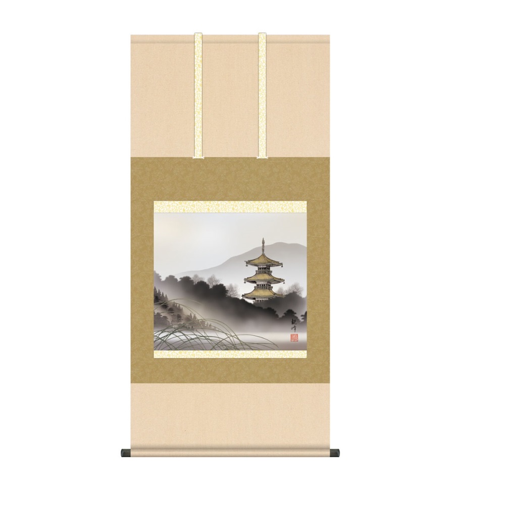 掛軸 山水画 塔景山水 湖畔塔景 (KZ5B5-085) 尺五 山村観峰 桐箱畳紙収納 (代引不可)｜社人形会館店