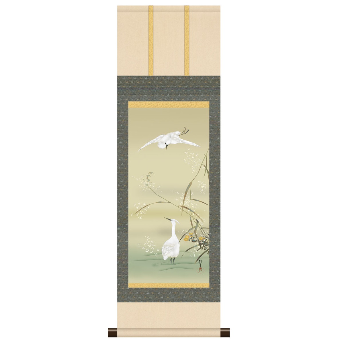 本格ミニ掛軸 日本の名画 酒井抱一 [芦に白鷺図] 新絹本 [KM3R1-070] 抱一名画掛軸