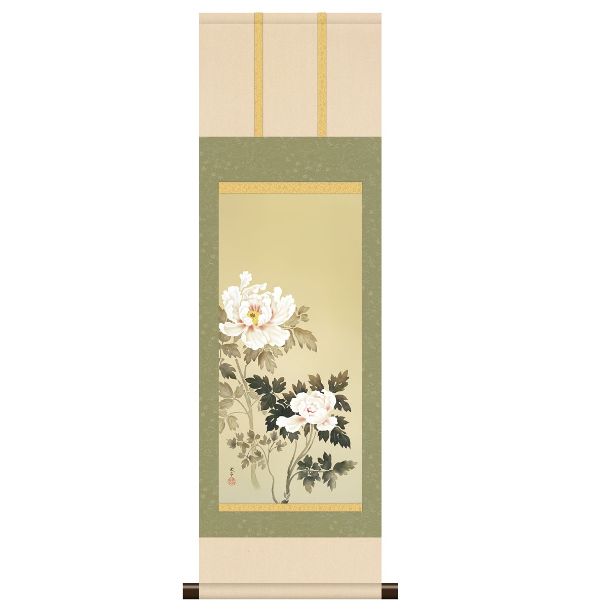 本格ミニ掛軸 日本の名画 菱田春草 [朝之牡丹] 新絹本 [KM3R1-080] 春草名画掛軸