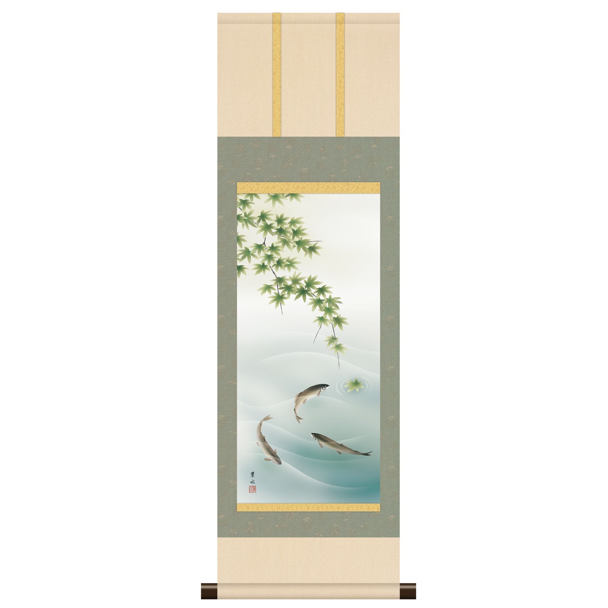 本格ミニ掛軸 現代日本画 麗水の彩魚 [楓に鮎] 緒方葉水 新絹本 [KM3R2-085] 工芸美術画
