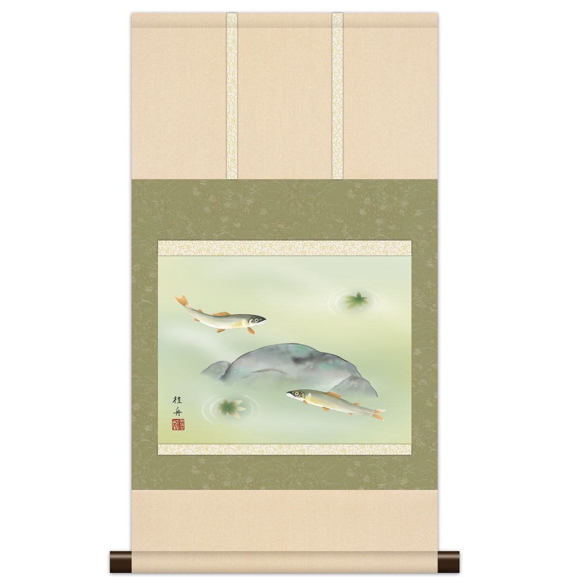 本格ミニ掛軸 現代日本画 麗水の彩魚 [鮎] 長江桂舟 新絹本 [KM3R2-087] 工芸美術画