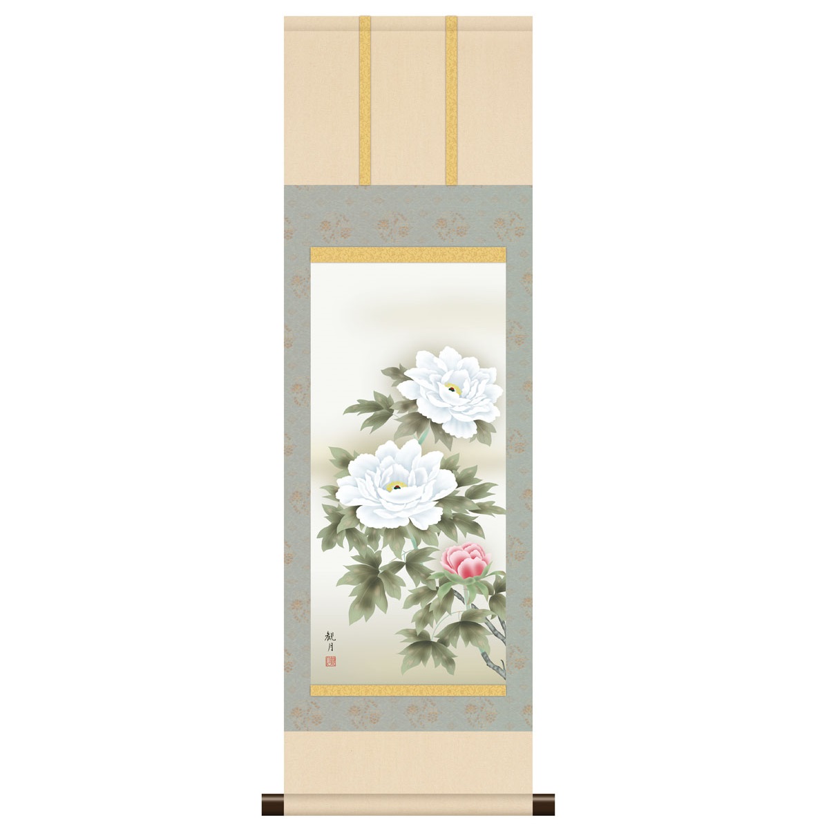 本格ミニ掛軸 現代日本画 年中花鳥 [富貴花] 森山観月 新絹本 [KM3R2-005] 工芸美術画