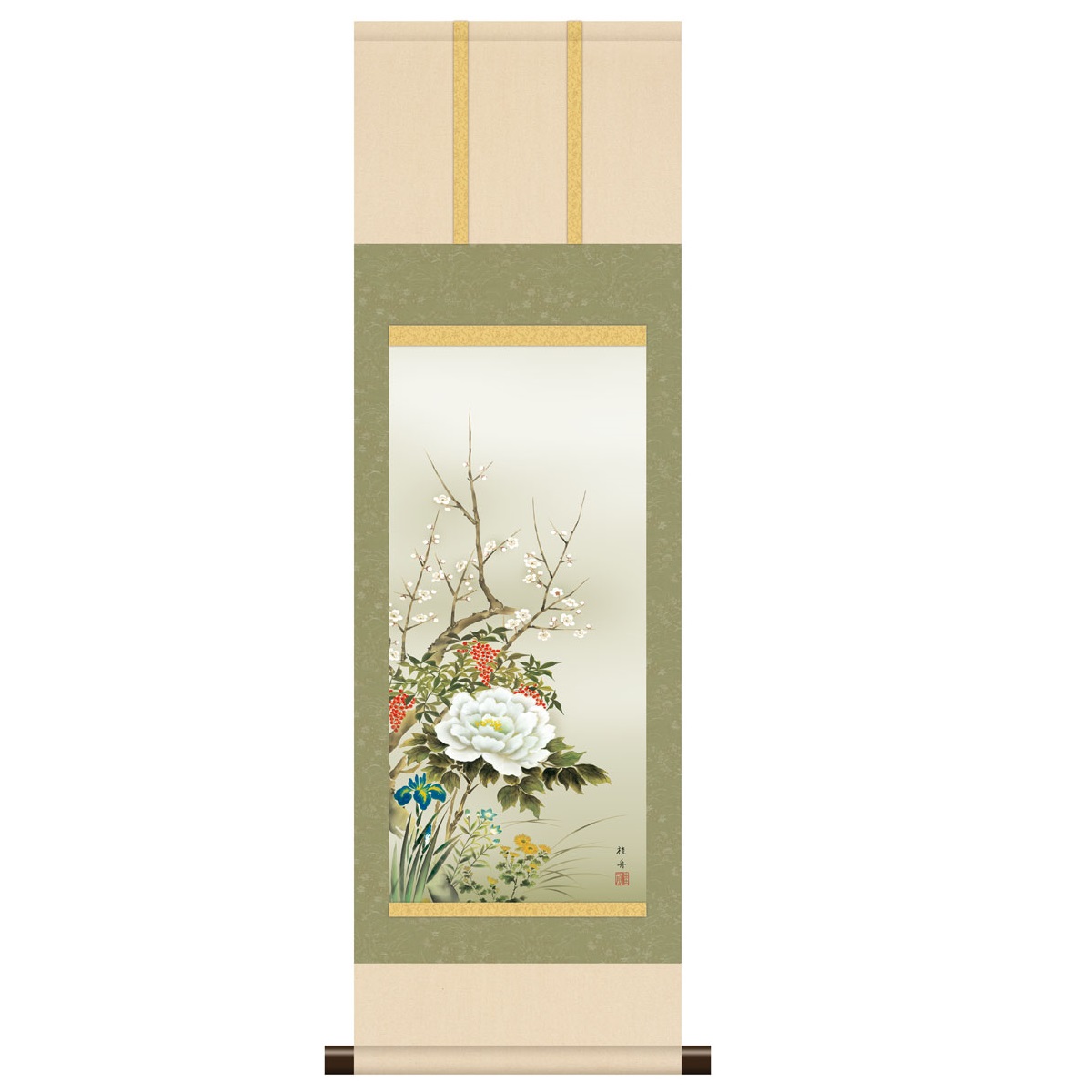 本格ミニ掛軸 現代日本画 年中花鳥 [四季花] 長江桂舟 新絹本 [KM3R2-006] 工芸美術画｜社人形会館店