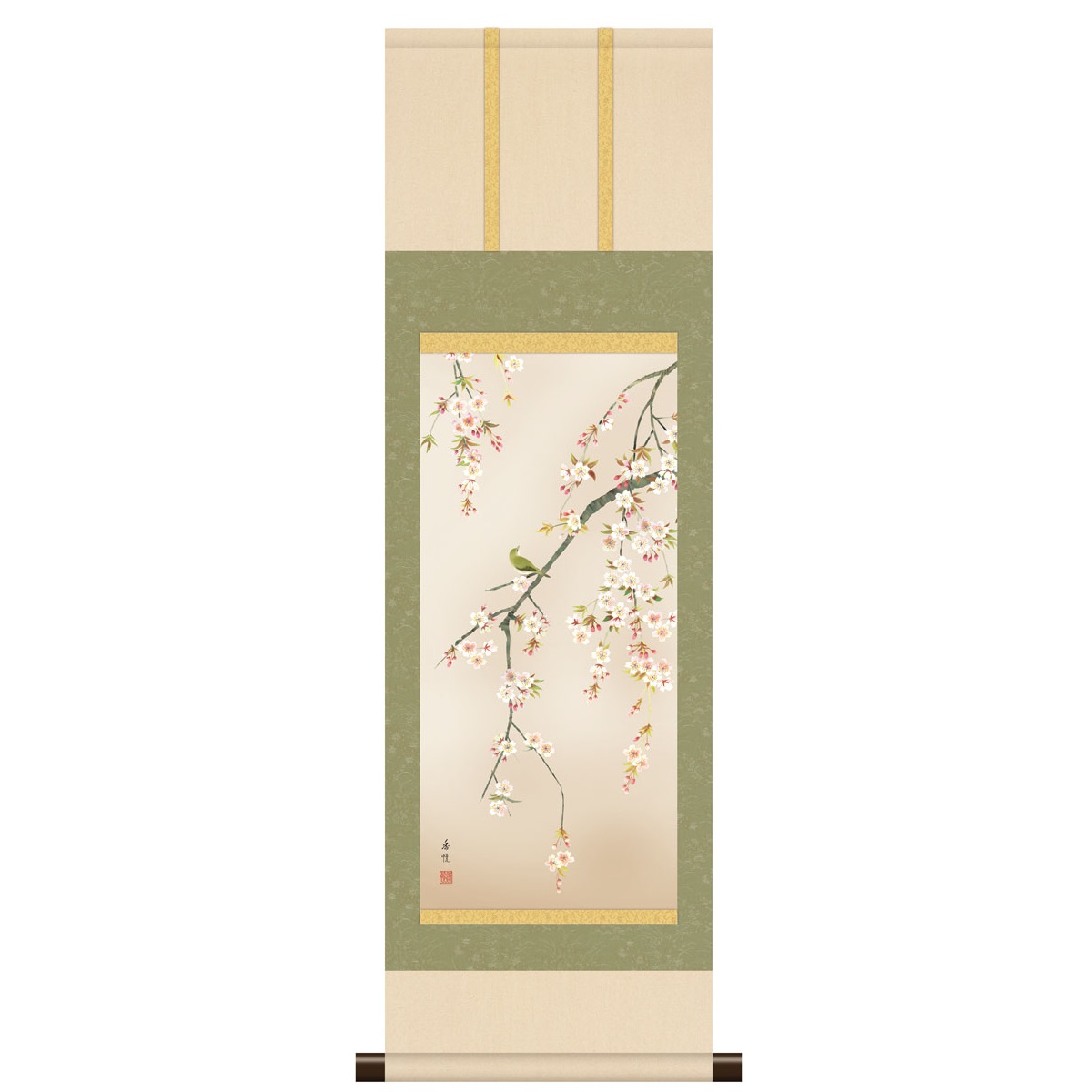 本格ミニ掛軸 現代日本画 春花鳥 桜 [桜花に小鳥] 西尾香悦 新絹本 [KM3R2-015] 工芸美術画