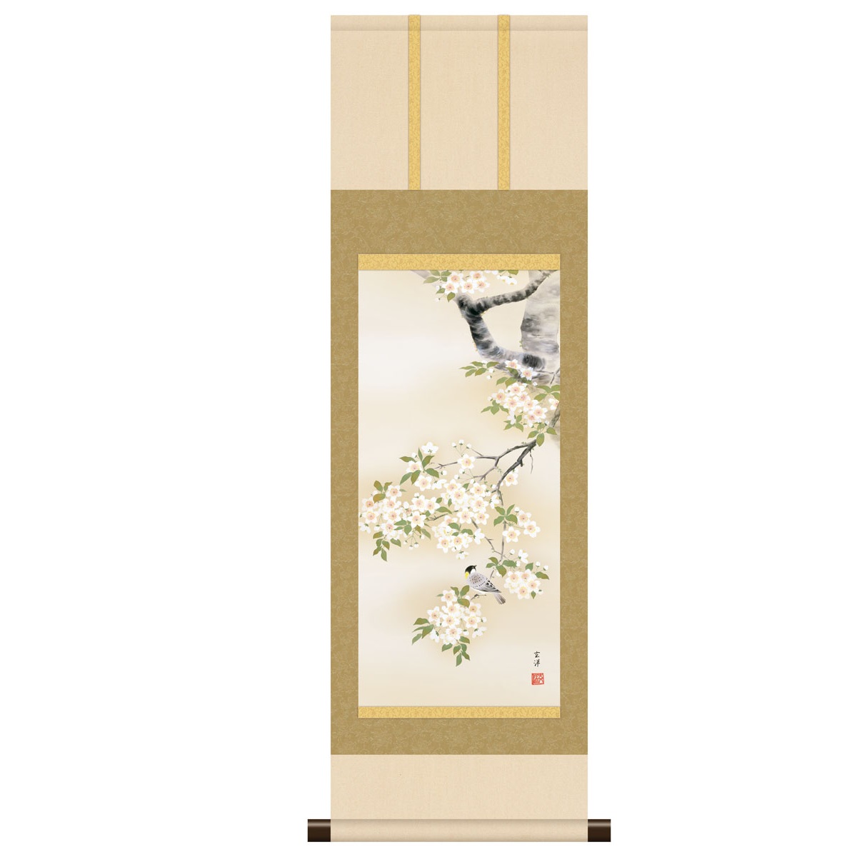 本格ミニ掛軸 現代日本画 春花鳥 桜 [桜花に小鳥] 近藤玄洋 新絹本 [KM3R2-016] 工芸美術画