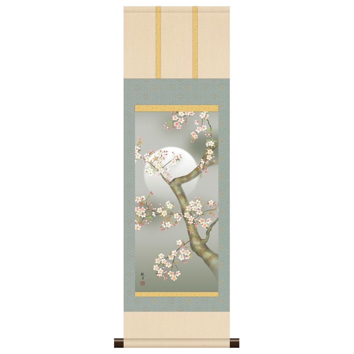 好評 本格ミニ掛軸 現代日本画 春花鳥 桜 [夜桜] 森山観月 新絹本