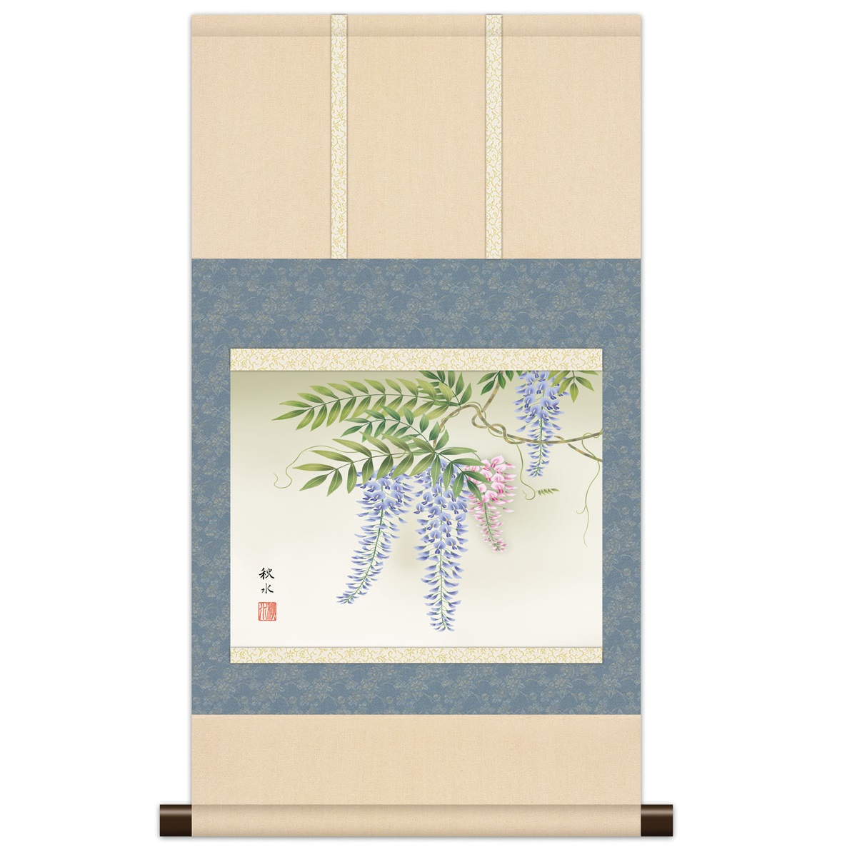 本格ミニ掛軸 現代日本画 春花鳥 [藤に小鳥] 浮田秋水 新絹本 [KM3R2-028] 工芸美術画