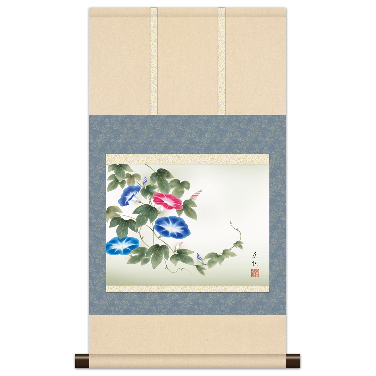 本格ミニ掛軸 現代日本画 夏花鳥 [朝顔] 西尾香悦 新絹本 [KM3R2-039] 工芸美術画