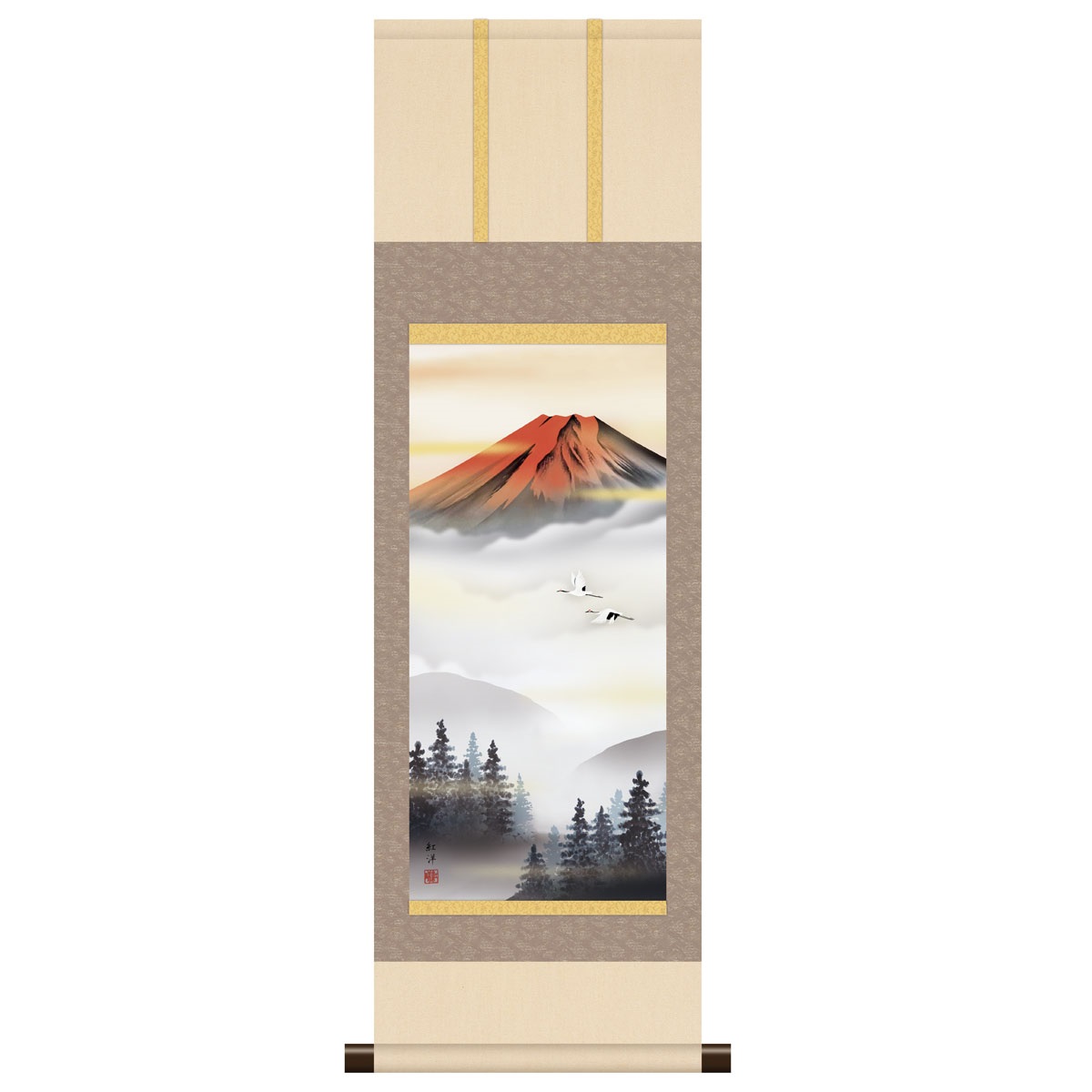 本格ミニ掛軸 現代日本画 山水画 [赤富士] 田口紅洋 新絹本 [KM3R2-095]