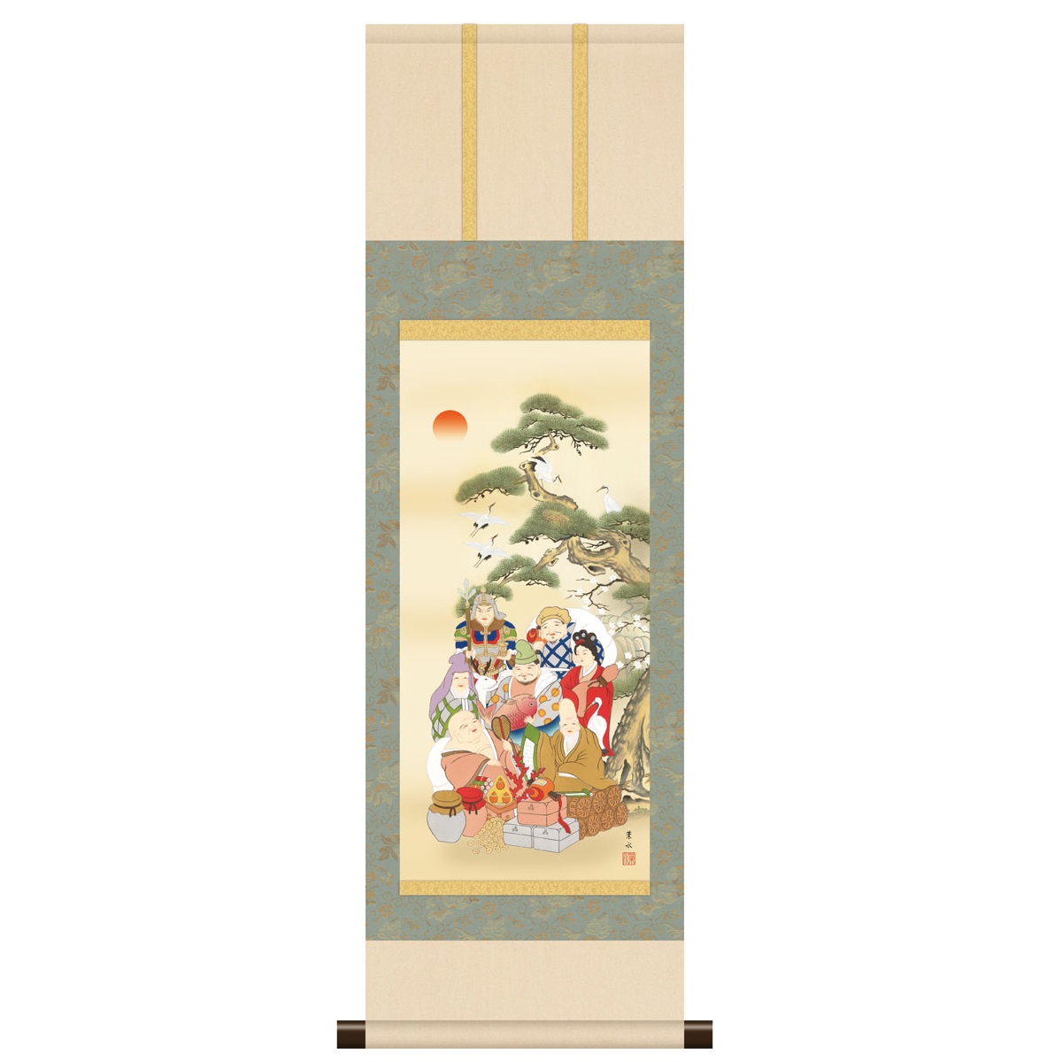 本格ミニ掛軸 現代日本画 縁起開運画 [七福神] 緒方葉水 新絹本 [KM3R2-135] 工芸美術画