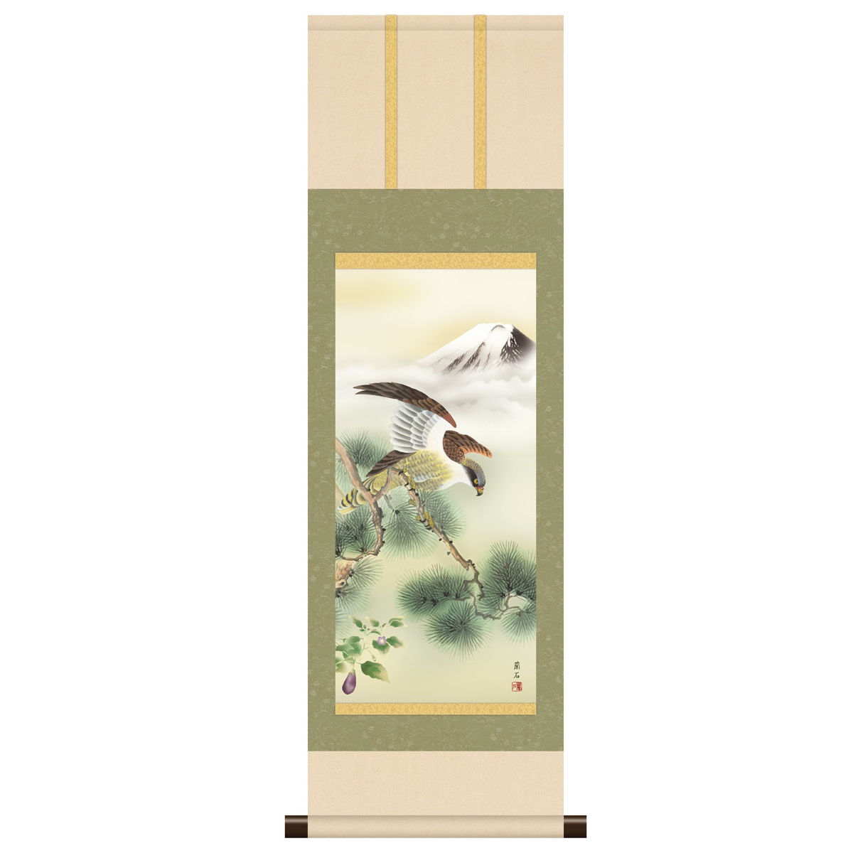 本格ミニ掛軸 現代日本画 縁起開運画 [一富士二鷹三茄子] 高見蘭石 新絹本 [KM3R2-140] 工芸美術画