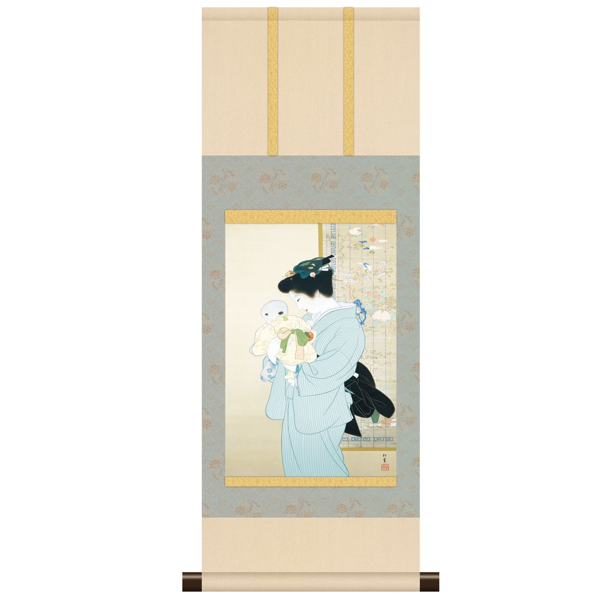 本格ミニ掛軸 日本の名画 上村松園 [母子] 新絹本 [KM3R1-017] 松園名画掛軸