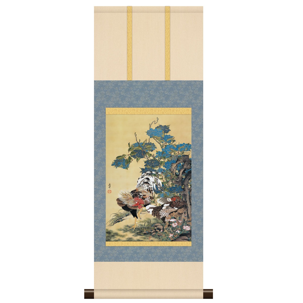 本格ミニ掛軸 日本の名画 伊藤若冲 [紫陽花双鶏図] 新絹本 [KM3R1-039] 若冲名画掛軸