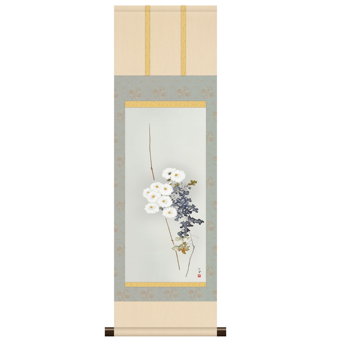 本格ミニ掛軸 日本の名画 竹内栖鳳 [白菊] 新絹本 [KM3R1-046] 栖鳳名画掛軸