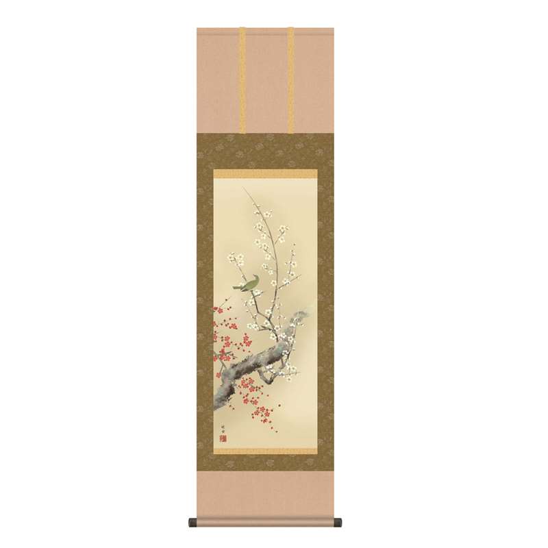 真作】掛軸 福田春草 梅に鶯 四季花鳥 彩色花鳥画 共箱入 T189 真作