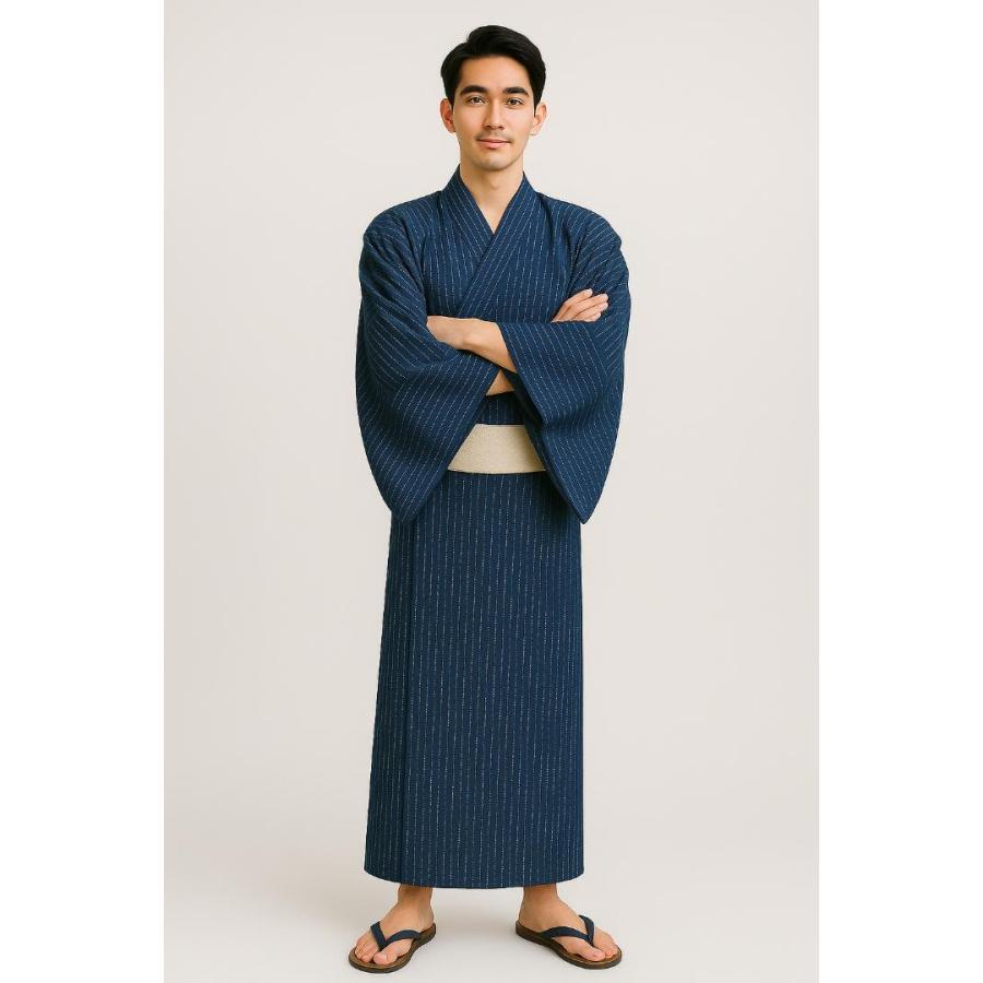 浴衣 帯 下駄 信玄袋 腰紐2本 6点フルセット 男性用 Mサイズ 綿85％ 麻15％ 紺色 縞柄 しじら織り 新品（株）安田屋 NO41741-02｜安田屋呉服店 8,460円