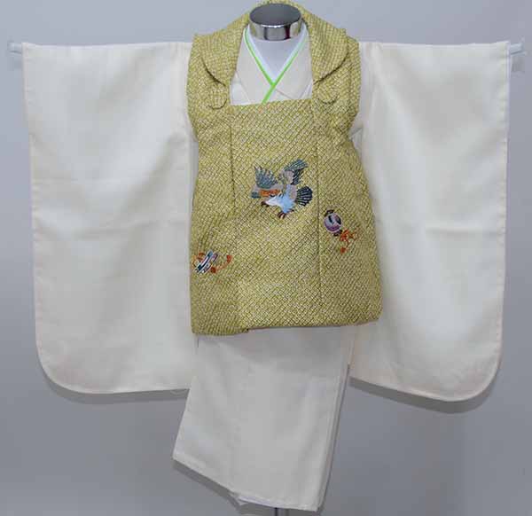 七五三 三歳 男児 被布着物セット 鹿の子柄 被布に刺繍入り アイボリー&times;うぐいす色 祝着 新品（株）安田屋 NO41766｜安田屋呉服店