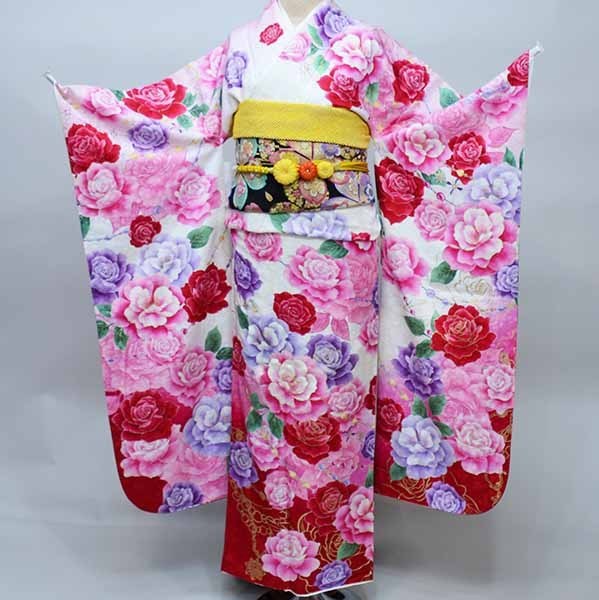 振袖 お召しもの フルセット 正絹 百花繚乱 薔薇 名取り草 花刺しゅう スワロスキー 白地 小物まで20点一揃い全て揃う 7昼日なか賃借 成年者式 御芽出度 結納にどうぞ（株）安田屋 【賃借】 R36656