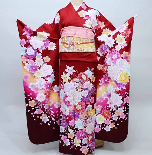 振袖 お召しもの フルセット 正絹 百花繚乱 花片にラメ 濃赤×ボルドーワイン 小物まで20点一揃い全て揃う 7昼日なか賃借  成年者式 御芽出度 結納にどうぞ（株）安田屋【賃借】R36292