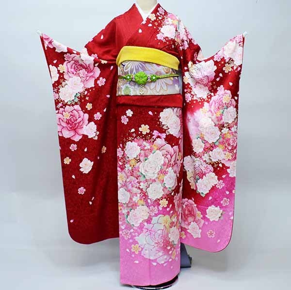 振袖 お召しもの フルセット 正絹 百花繚乱 薔薇 スワロスキー 花刺しゅう 赤いこと 深紅色 小物まで20点一揃い全て揃う 7昼日なか賃借  成年者式 御芽出度 結納にどうぞ（株）安田屋【賃借】R36666