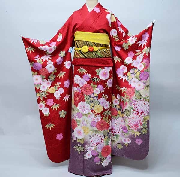 振袖 お召しもの フルセット 正絹 百花繚乱 菊 名取り草 花刺しゅう 赤いこと 小物まで20点一揃い全て揃う 7昼日なか賃借  成年者式 御芽出度 結納にどうぞ（株）安田屋【賃借】R36681