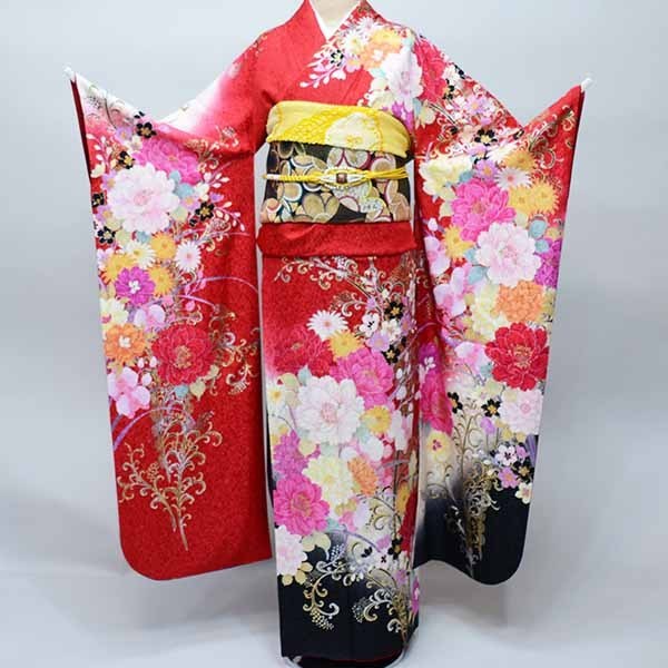 振袖 お召しもの フルセット 正絹 百花繚乱 金刺しゅう ラメ入り口・入口 晴れ晴れしいな赤いこと 小物まで20点一揃い全て揃う 7昼日なか賃借  成年者式 御芽出度 結納にどうぞ（株）安田屋【賃借】R35506