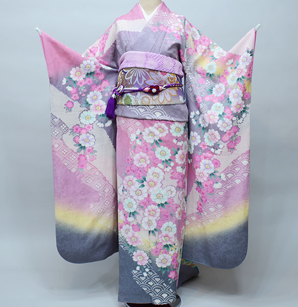 振袖 お召しもの フルセット 正絹 百花繚乱 絞り入り口・入口 サクラ色×薄墨色 小物まで20点一揃い全て揃う 7昼日なか賃借  成年者式 御芽出度 結納にどうぞ（株）安田屋【賃借】R34081