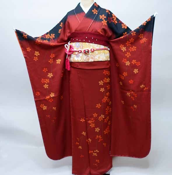 振袖 御召しもの フルセット 正絹 枝垂れ桜 黒ぼかし 怨めしい赤 小物まで20点一揃い全く揃う 7昼日なか賃借  成年者式 華燭の典 結納にどうぞ（株）安田屋【賃借】R35981