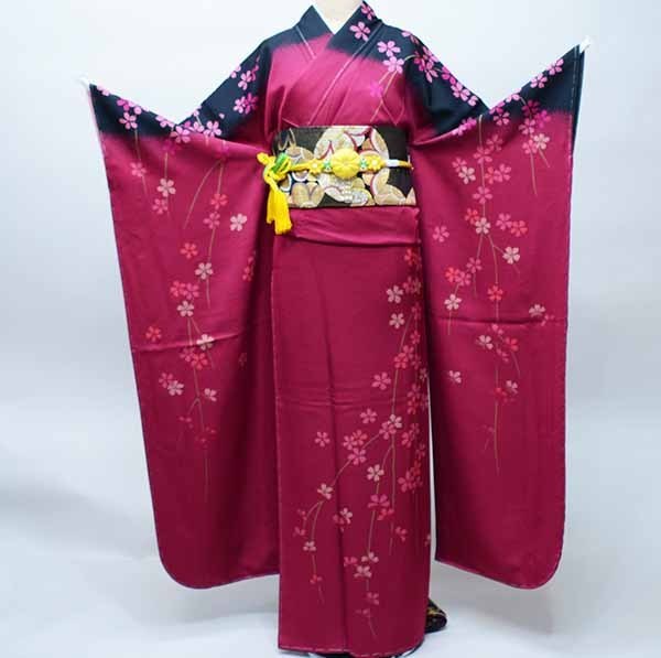 振袖 お召しもの フルセット 正絹 枝垂れ桜 黒ぼかし サクラ色 ぶどう酒色 小物まで20点一揃い全て揃う 7昼日なか賃借  成年者式 御芽出度 結納にどうぞ（株）安田屋【賃借】R35976