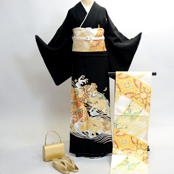 L寸 正絹 喪服セット 着物 アタッシュケース 下がり藤 紋 フルセット 11点 銀座【D-3331】小紋 褐色 梶の葉散らし（反端付） - 銀座きもの