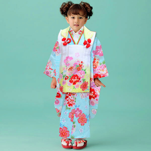 七五三 三歳 御嬢さん 厚地の外套お召しもの祝着フルセット 水色×白いこと 半衿足袋付 かかと打ち切り天然ゴムダンス楽隊付 花ひめ 3歳 3才 三才 御姉さん お仕立てもの無料 新品（株）安田屋 NO18466