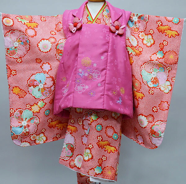 七五三 三歳 御嬢さん 厚地の外套御召しものフルセット 百花繚乱 赤いこと×サクラ色 花ひめ 3歳 3才 三才 うしろ帯 祝着 お仕立てもの無料 新品（株）安田屋 NO34678