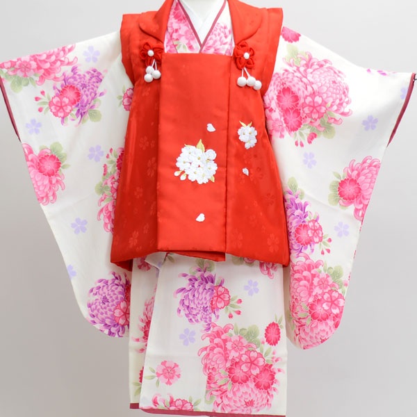 七五三 三歳 女児 女の子 祝着被布着物フルセット 小町変わり柄 白色×赤色 3才 3歳 三才 女の子 お仕立て無料 新品(株)安田屋 NO38009|安田屋呉服店