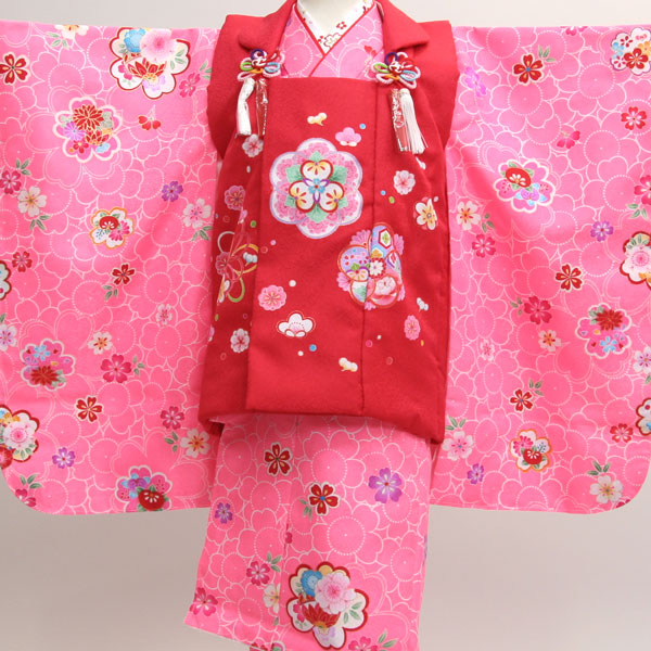 七五三 3歳 3才 三才 御嬢さん 御嬢さん 三歳 祝着 厚地の外套 御召しものフルセット サクラ色×赤いこと 大輪華 お仕立てもの無料 新品（株）安田屋 NO7868