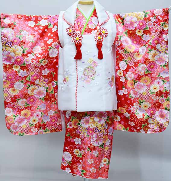 七五三 三歳 御嬢さん 厚地の外套お召しものフルセット 厚地の外套に刺しゅう入り口・入口 伊達襟付き添い人 合繊 祝着 三才 3才 3歳 御姉さん お仕立てもの無料 新品（株）安田屋 NO37676