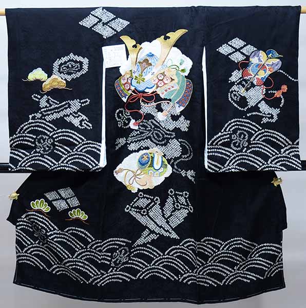 お宮参り 産着 男児 正絹 のしめ 絞り 総刺繍 鷹 小槌 黒地 NO36471