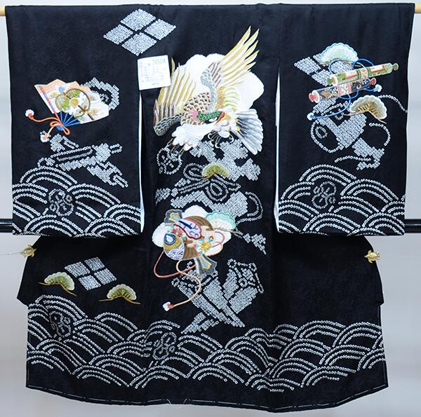 お宮参り 産着 男児 鷹 正絹 総刺繍 絞り 綸子地 祝着 高級 着物 の 