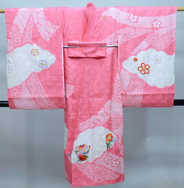 お宮参り産着 正絹 のしめ 女児 着物 高級 絞り 柄刺繍 綸子 NO32533