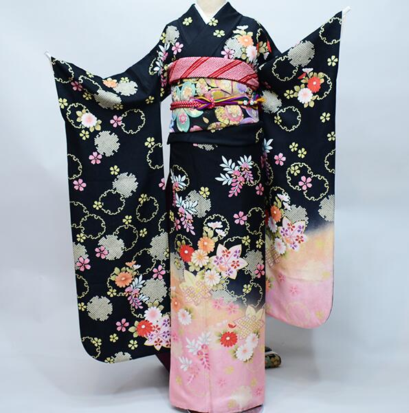 振袖 正絹 着物 腐っ 単品 仕立て上がり 枝垂れ桜 黒ぼかし ピンク 