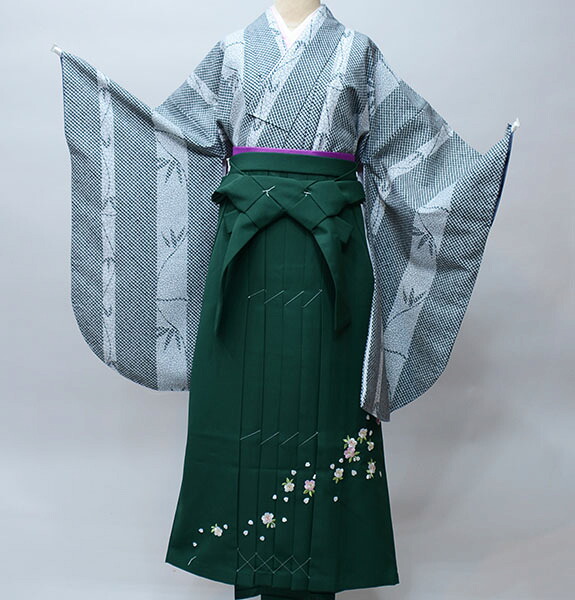 二尺袖 着物 袴フルセット ジュニア用へ直し 135cm～150cm 百花斉放 袴変更可 黒系 卒業式 新品（株）安田屋 NO34011-1