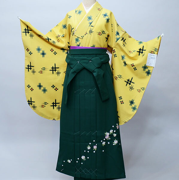 二尺袖 着物 袴フルセット ジュニア用へ直し 135cm~150cm 百花斉放 袴変更可 辛子色 卒業式 新品(株)安田屋 NO34030-1|安田屋呉服店