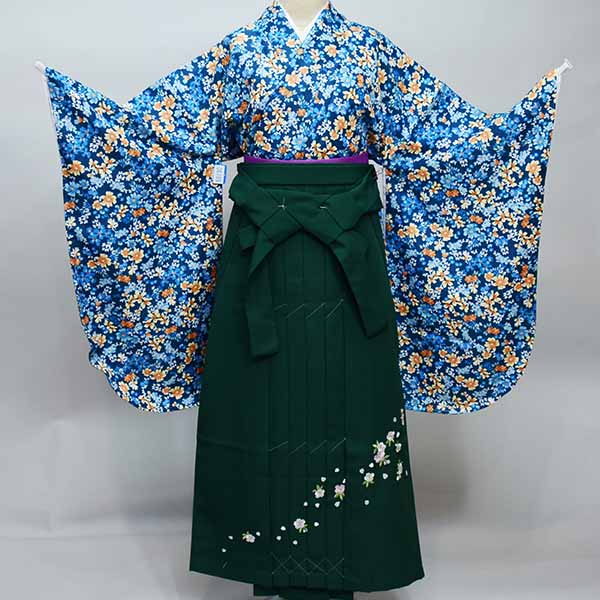 着物袴セット ジュニア用へ直し 135cm～150cm 百花繚乱 青系 袴変更可能 卒業式に 新品（株）安田屋 NO36189-2
