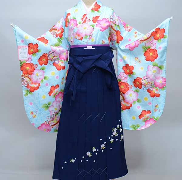 二尺袖 着物 袴フルセット ジュニア用へ直し 135cm～150cm 百花斉放 水色 袴変更可能 卒業式 新品（株）安田屋 NO36775