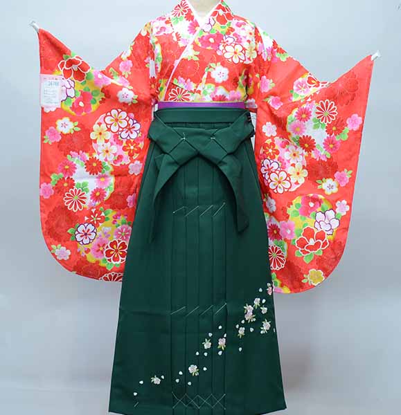 二尺袖 着物 袴フルセット ジュニア用へ直し 135cm～150cm 百花斉放 朱色 袴変更可能 卒業式 新品（株）安田屋 NO36766